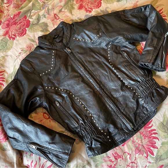 Vintage 80s Black Leather Jacket STUD Zip-Front YKK Silver HW Rock-N-Roll Biker - Picture 9 of 16